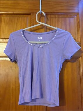 SO Lavender Ribbed Short Sleeve Tee with Bow Trim